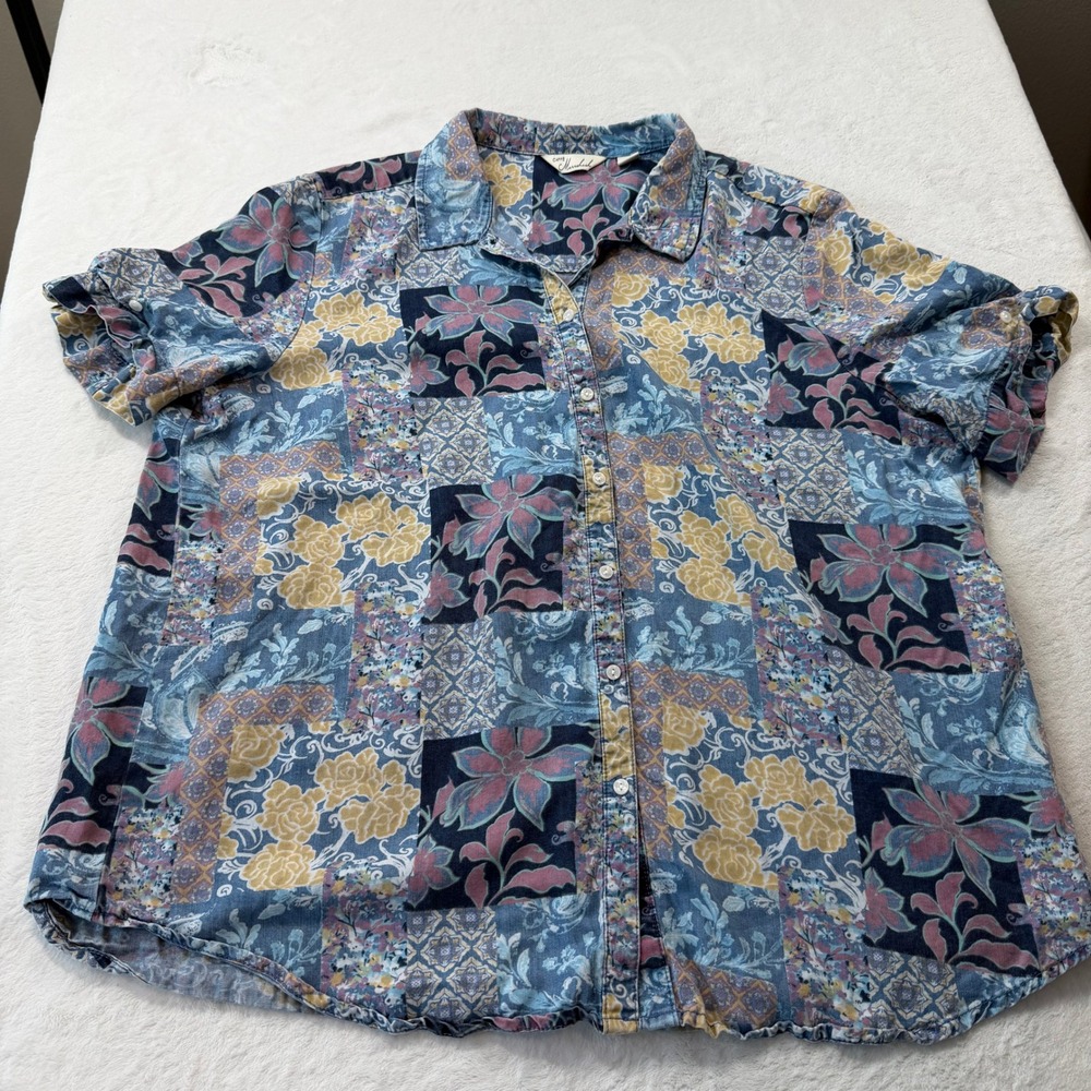Caffe Marrakesh Button Down Top Womens XL Blue Floral Patchwork Good Tencel